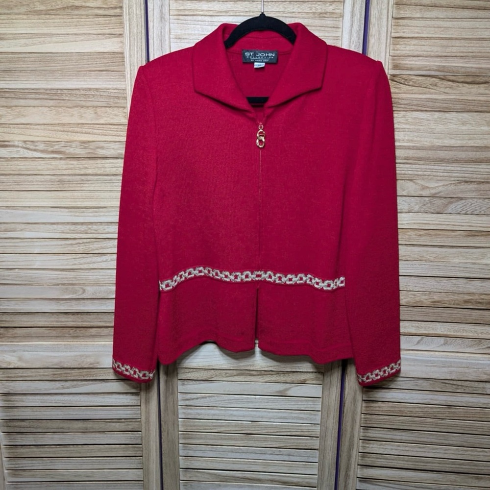 St. John Collection Red Long Sleeve Jacket Gold Chain Accents Size 10